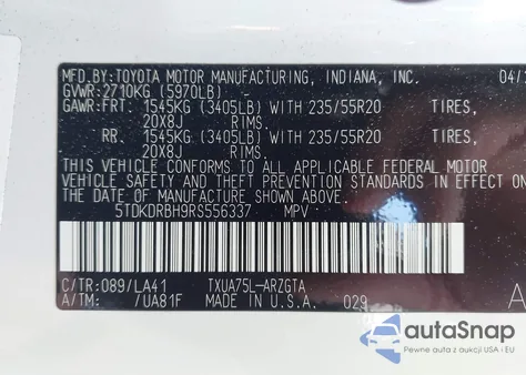 2024 Toyota Highlander Platinum z USA, uszkodzony, nr VIN 5TDKDRBH9RS556337